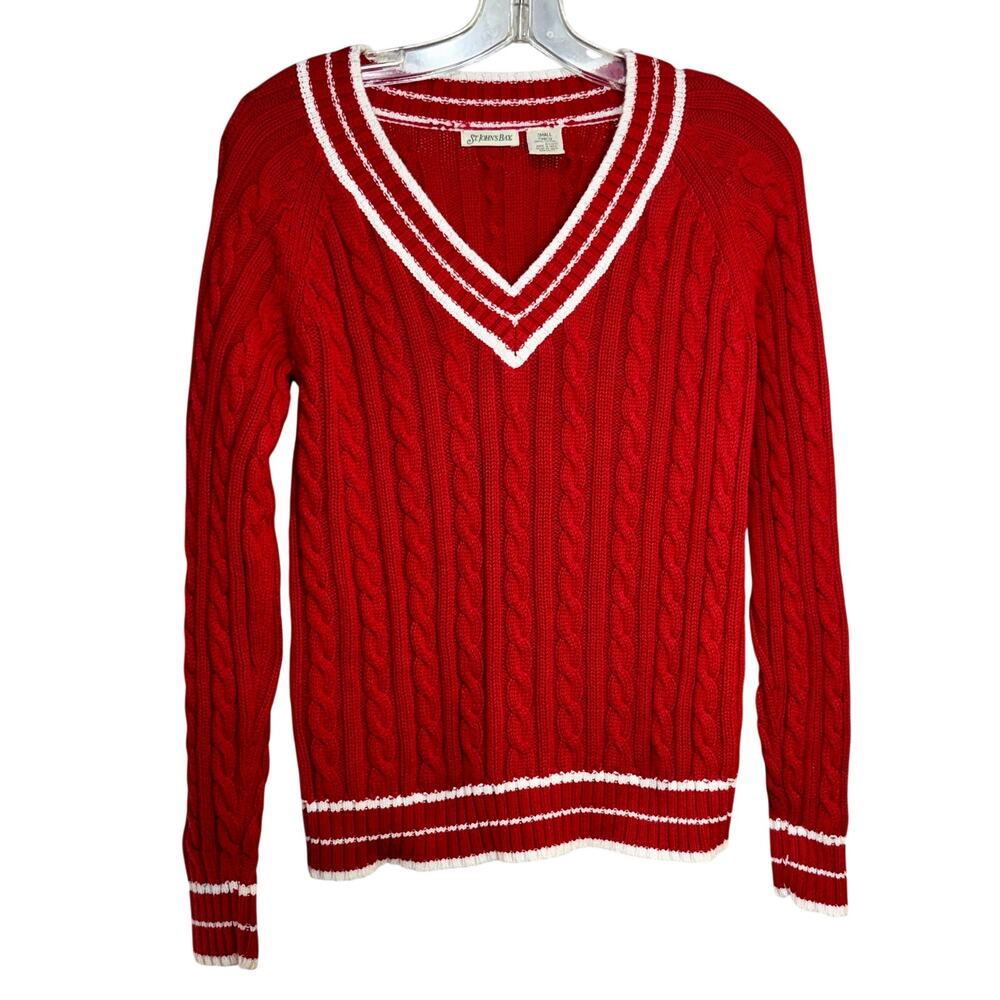 Cable Knit Tennis Sweater 100% Cotton Women's Small Red White V-Neck L/S